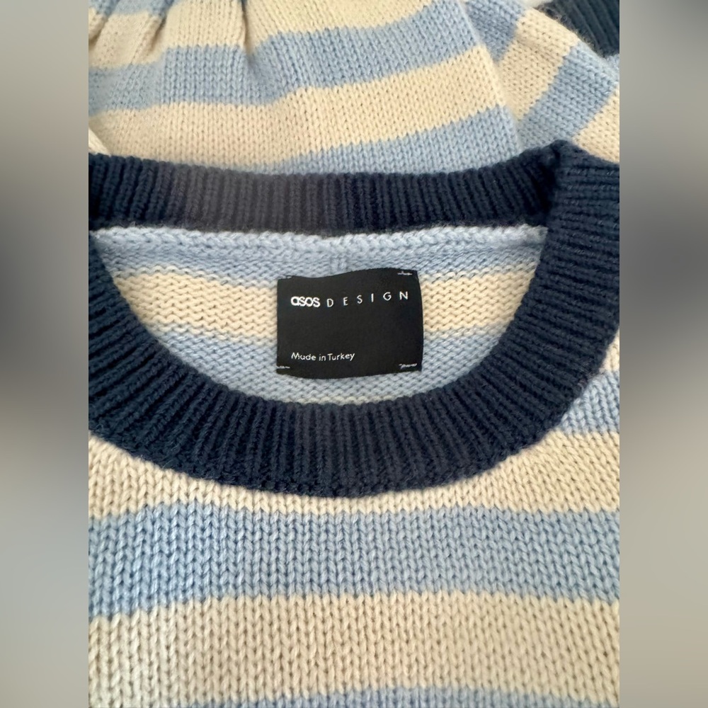 ASOS Design Knitted Sweater in Blue and Cream Stripe Balloon-Sleeve NWOT Size:XS - Picture 9 of 9
